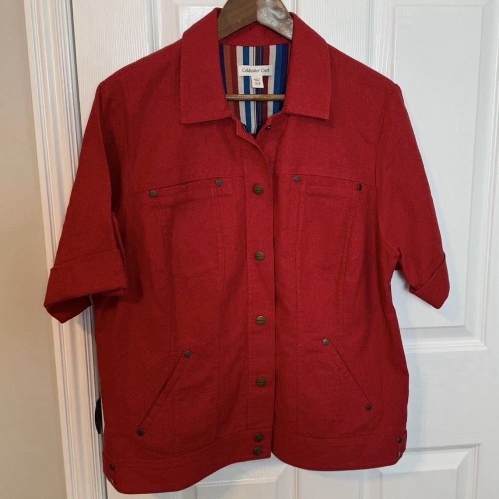 Coldwater Creek Jacket Womens 18 Red Linen Blend Snap Front Short Sleeve Pockets